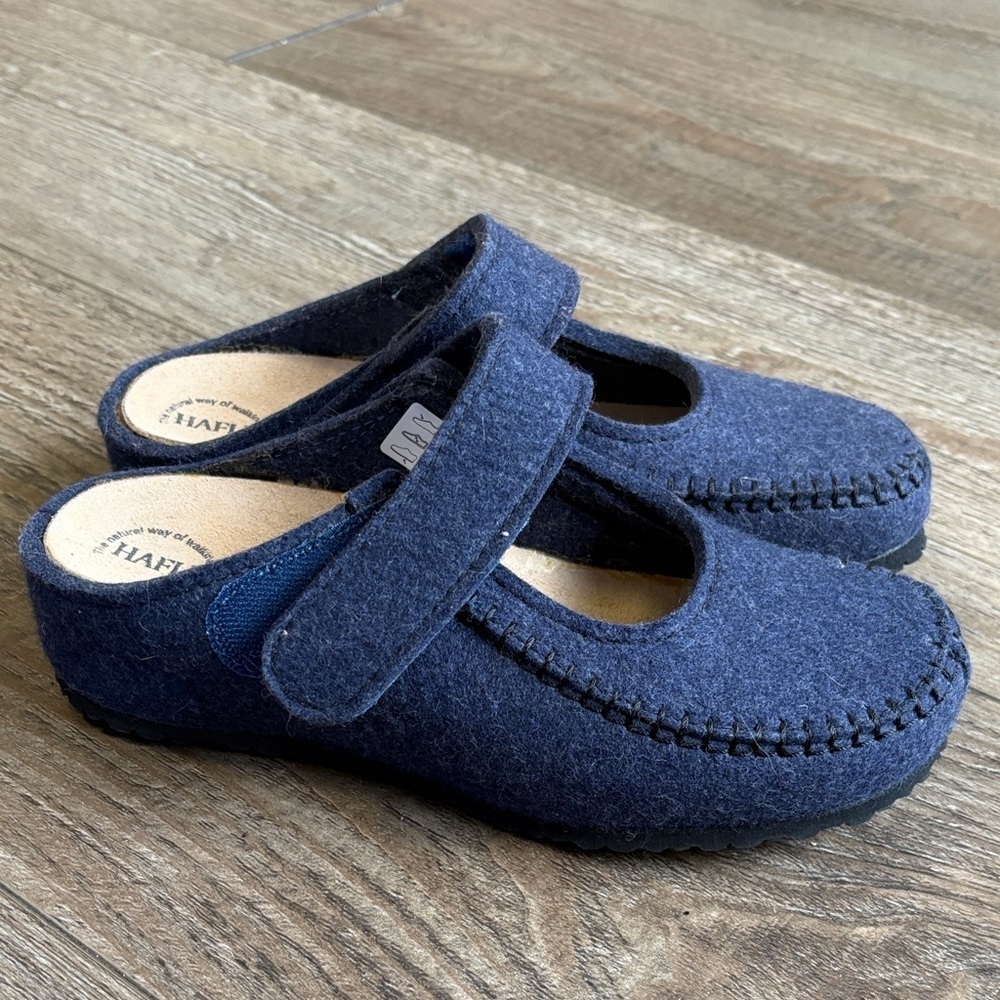 NWOT Haflinger Navy Blue Boiled Wool & Felt Clog Slippers w Velcro Strap